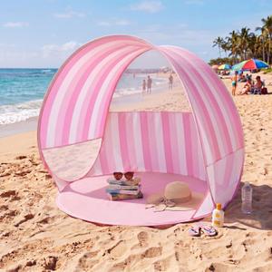 WILLBOND Pop up Beach Tent, Pink Stripe Easy Setup Sun Shelter Beach Shade for Kids & Adults, Portable Lightweight Waterproof Baby Canopy Cabana for Camping Outdoor Family Activities (4 People)