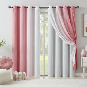 Pink Blackout Curtains with Ombre Sheers Overlay 95 Inch Length for Living Room Decor, Mix and Match Double Layer Thermal Insulated Curtain Panels Set of 4 for Girls Bedroom, Grommet Top, 52"W