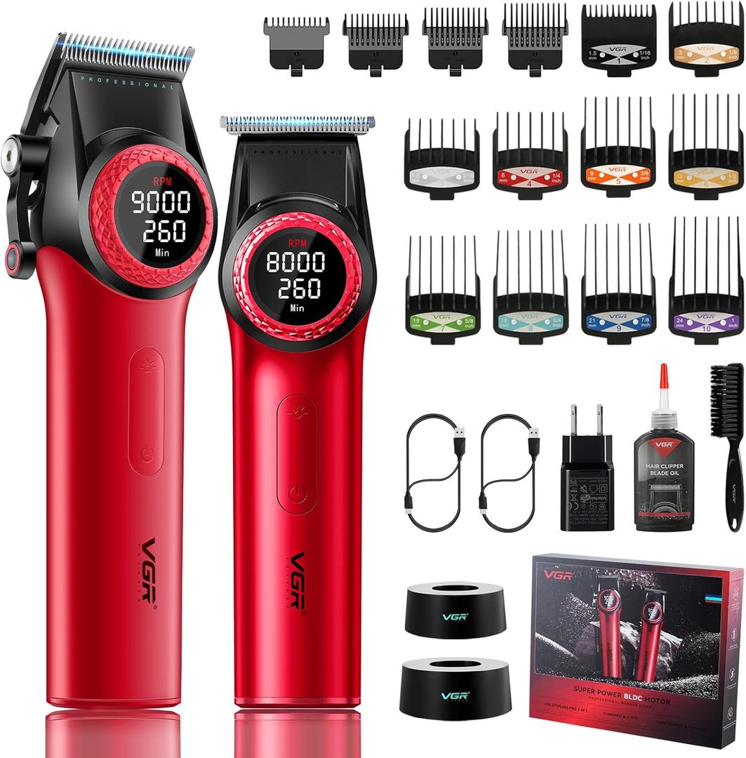 VGR 001 & 977 Professional Hair Clippers for Men, Cordless Barber Clippers and Zero Gap Trimmers Set, DLC Coating Blade Hair Cutting Kit with LED Display, USB Rechargeable Barber Set(Red)