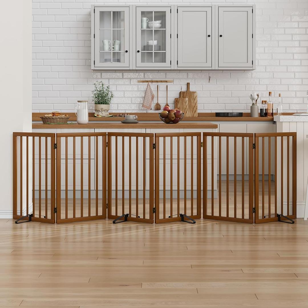 Dog Gate 32" Tall Foldable Dog Gate for Doorways Freestanding Pet Gate for Dogs Indoor (Walnut,6 Panel)