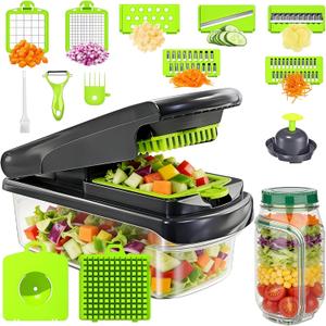 16-in-1 Vegetable Chopper with Container & Side-Opening Salad Jar Perfect for Vegetable Salads at Lunch and Dinner.Chopper Set Functions as an Onion Chopper, Potato & Carrot Grater, and More.