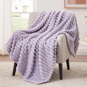 EXQ Home Fleece Throw Blanket for Couch or Bed - 3D Stripe Jacquard Decorative Blankets - Cozy Soft Lightweight Fuzzy Flannel Blanket Suitable for All Seasons(50"60",Light Purple)