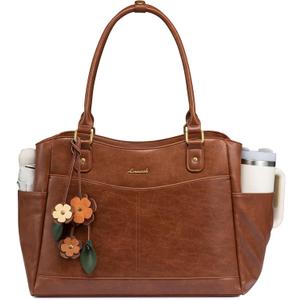 LOVEVOOK Laptop Bag for Women, Original Vintage Work Tote Bag Computer Office Teacher Bag with Flower Pendant (15.6 inch, Brown)