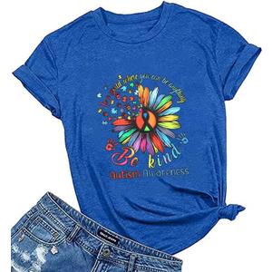 Autism Awareness Shirt Women Be Kind Special Education Teacher T-Shirt Casual Inspirational Kidness Short Sleeve Tee Tops Blue