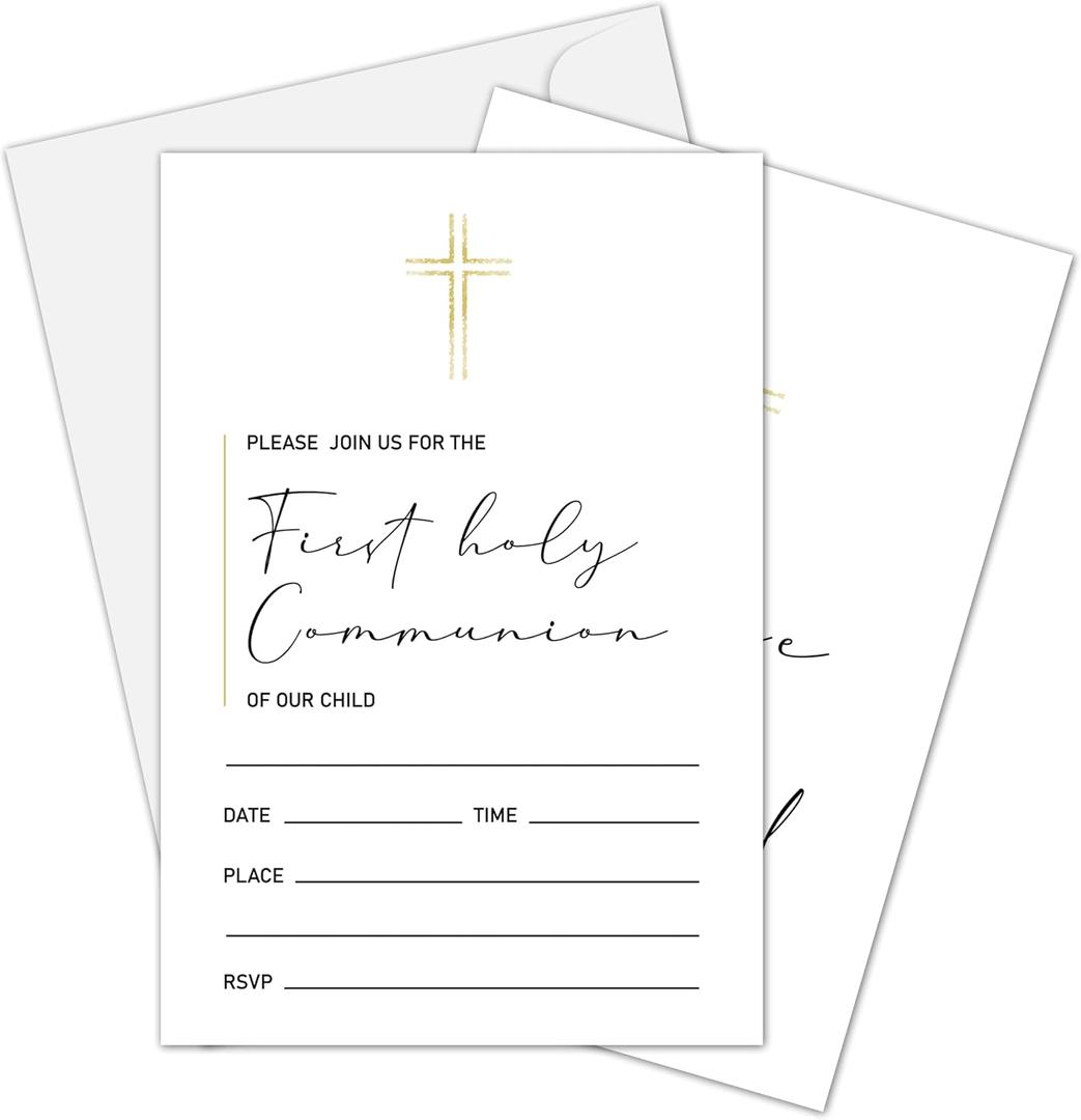 4 x First Holy Communion Invitation Card, Gold Foil Baptism Invitations For Boys Girls, Christening Fill In Invites, Religious Celebration Decorations Baby Shower Supplies, 06