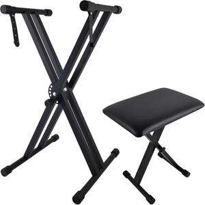 Piano Keyboard Stand and Bench Set, Double-X Keyboard Stand Adjustable Digital Piano Stand with Lockable Straps, (Piano Keyboard Stand x 1, Piano Bench x 1), Black