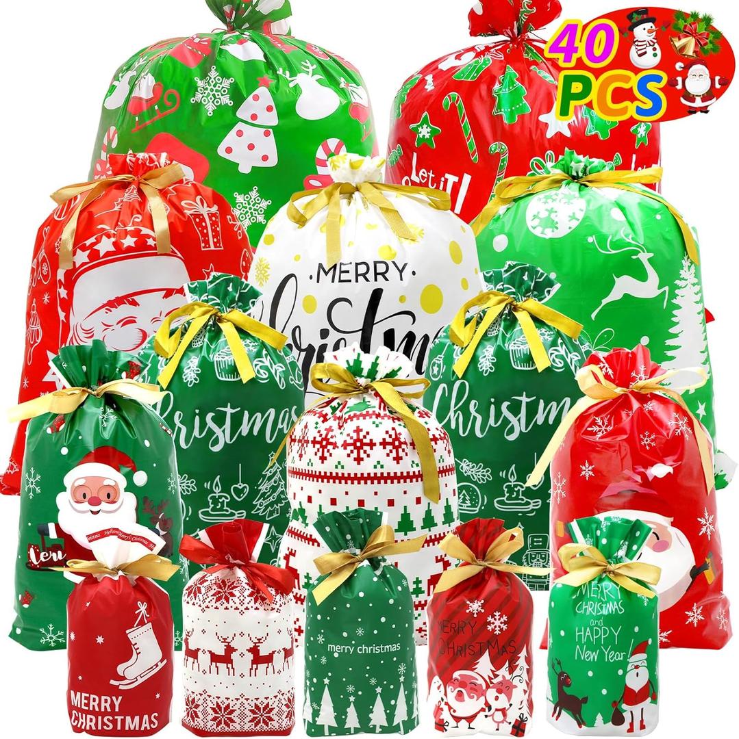 40 PCS Christmas Drawstring Gift Bags Assorted Sizes Drawstring Christmas Bags for Gifts with Rope for Xmas Holiday Presents Party Favor