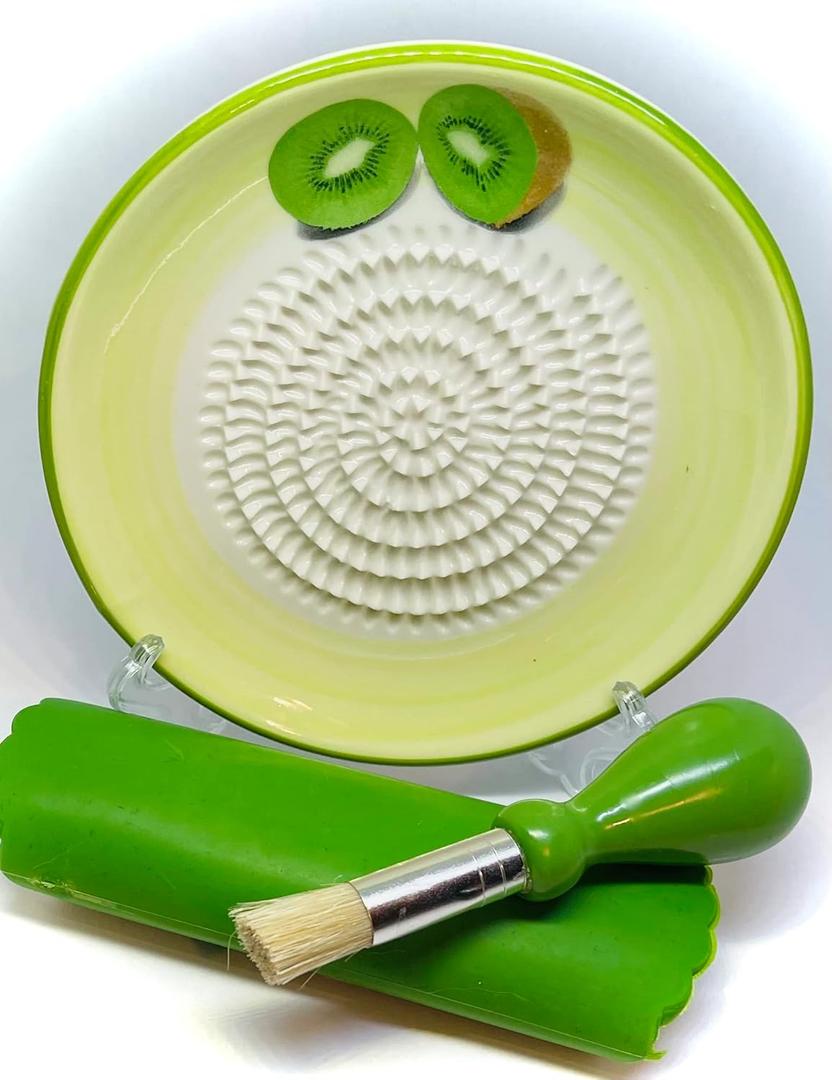 All-in-one Premium Ceramic Garlic Grater Plate 4-Piece Set - Kiwi Design, Classic Style - For Garlic, Ginger, Chocolate, and more! - Comes with 5.25" Plate, Peeler, Brush, and Stand