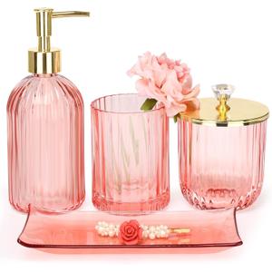 Haturi Bathroom Accessories Set, 4 Pcs Pink Glass Bathroom Accessories Sets Complete w/Lotion Soap Dispenser, Toothbrush Holder, Apothecary Jar, Vanity Tray, Bathroom Decor, Gift for Home Apartment