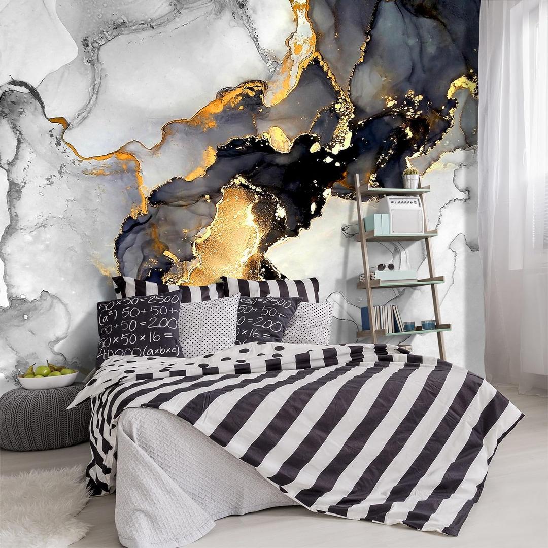 -Grey and White Marbled Fabric Wallpaper Living Room Abstraction Art Bedroom Bathroom Wall Mural- 91"x65" not Peel and Stick