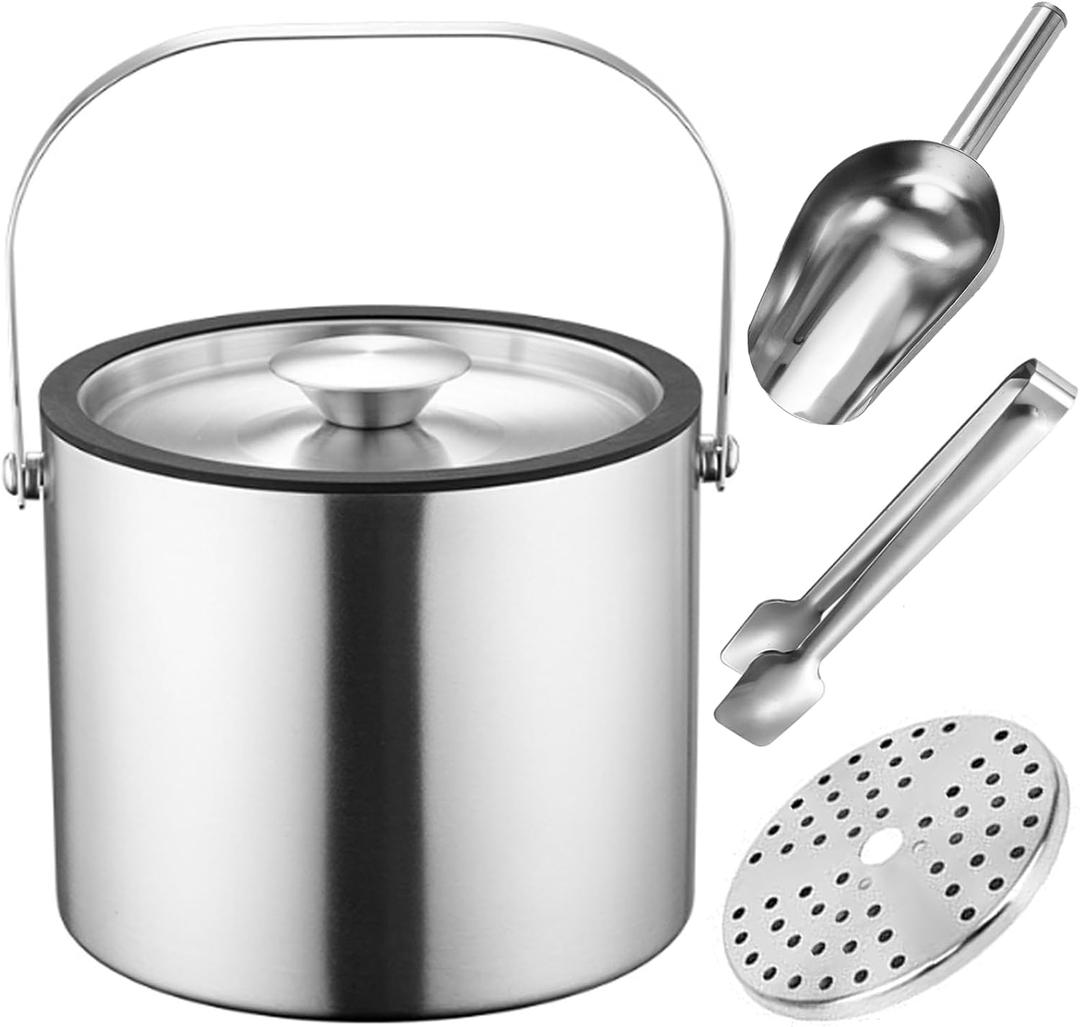 3L Double-Wall Insulated Ice Bucket with Lid, Ice shovel &Tongs and Strainer, Stainless Steel Ice Bath Tub with Silicone Sealed Lid for Wine, Ice Buckets for Parties, Wine Chiller, Light Sliver