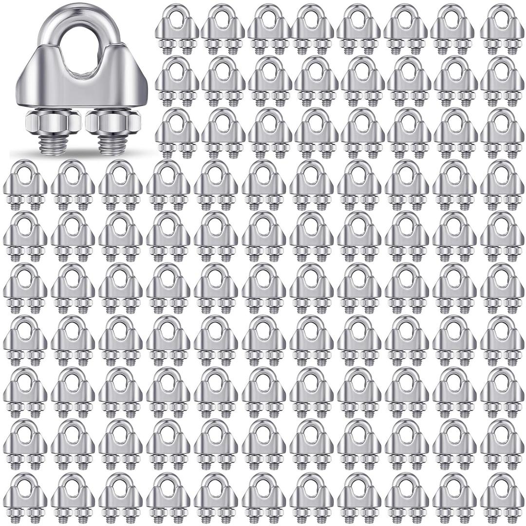 Blulu 100 Pcs 1/8 Inches M3 Stainless Steel Cable Wire Rope Clip Large U Bolt Saddle Guy Fastener 304 Stainless Steel Fastener Cable Wire Rope Clamps, Connect 2 Layers of Wire to Form a Loop