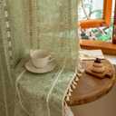 Boho Sheer Sage Green Curtains 84 inches Long 2 Panels for Living Room Bedroom,Farmhouse, Bohemian Tassels Country Light Filtering Xmas Curtains Shabby Chic Embroidery Striped Draps Back Tab, 50" W
