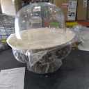 Glass Domed Cake Pedestal with Acanthus Leaf Ornate Brown Metal Base and Cream Ceramic Plate