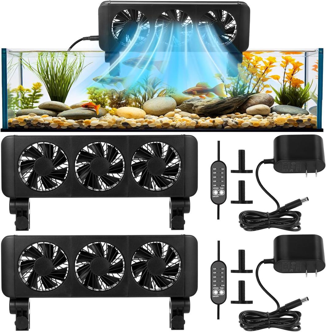 Tujoe 2 Pcs Aquarium Chillers Fan 3 Head Adjustable Fish Tank Cooling Fan with Timer, 5 Wind Speeds, Quiet Operation for Freshwater & Saltwater Tanks