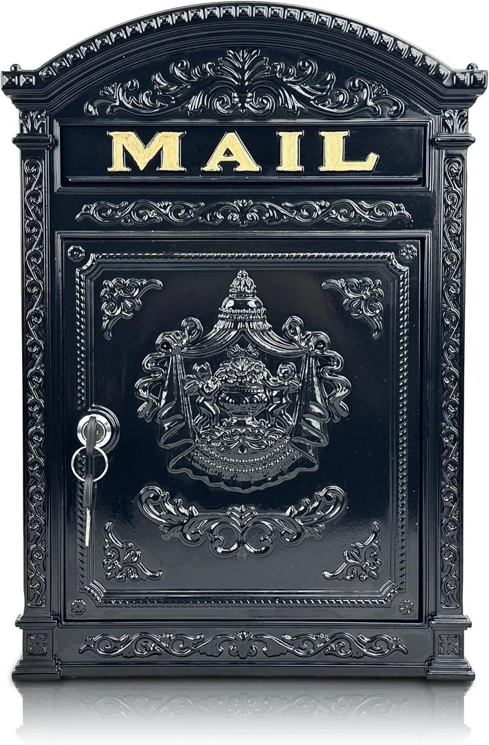 Vintage Mailboxes for Outside, Large Cast Aluminum Locking Mailbox, Weatherproof Metal Mail Boxes for House Outside, Decorative Mailbox Wall Mount for Home Outdoor(12.28"x17.51"x3.62")