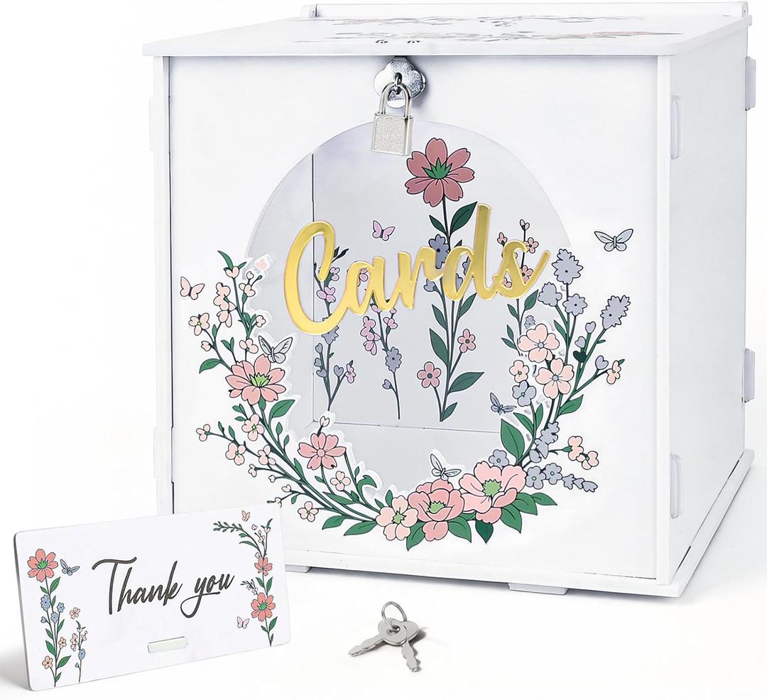 Shintop Wedding Card Box with Lock, White PVC Holder Table Decor for Reception Envelope Money Box Set with Acrylic Window for Bridal & Baby Shower Party Decor