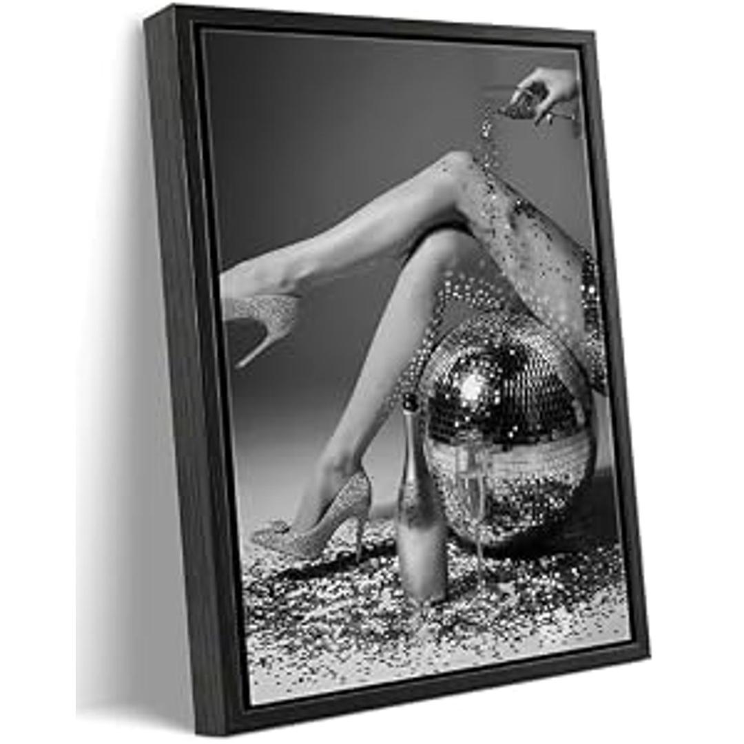 Framed Black and White Fashion Canvas Wall Art Trendy Women Disco Ball High Heels Wine Glass Picture Wall Decor Luxury Feminist Poster Print for Girl Bedroom Bar Cart Dorm Home Decoration 12x16in