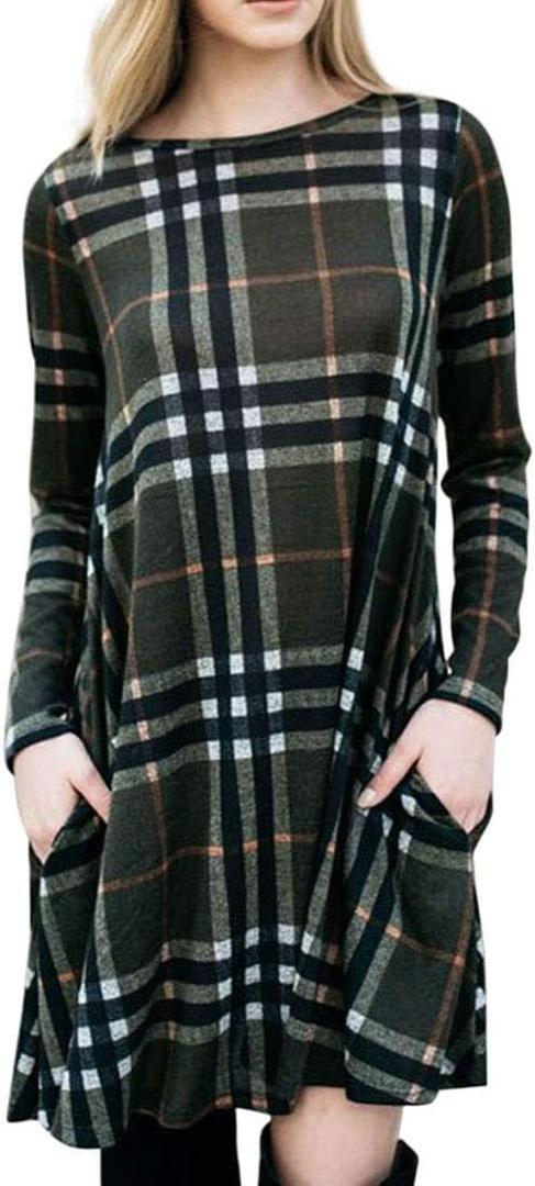 MIROL Women's Long Sleeve Plaid Color Block Casual Swing Loose Fit Tunic Dress (1-olive)