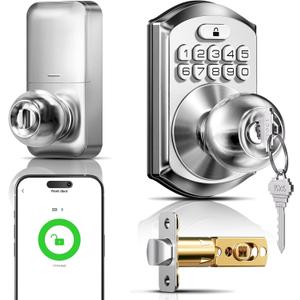 TEEHO TE018 Smart Door Knob with Keypad, App Control, Keyless Entry Digtal Door Lock with Handle, Remote Share One-Time Code, Auto Lock, Easy Installation for Front Door, Bedroom, Rental, Satin Nickel