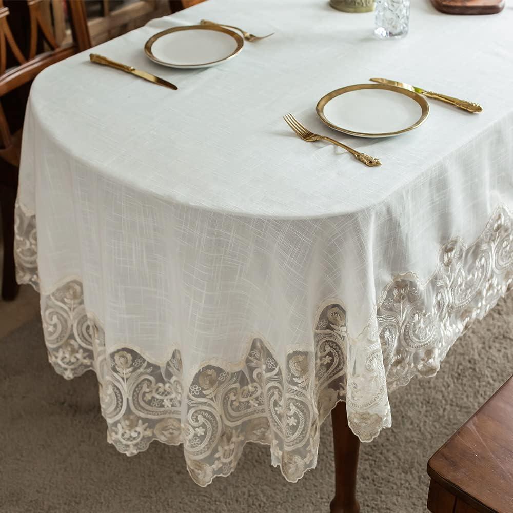 ARTABLE Lace Rectangular Tablecloths with Exquisite Macrame Border Clear Embroidered Kitchen Holidays Fabric Tablecloth (Beige, 52 x 70 Inch Oval)