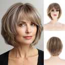 Women Light Brown Wig Short Bob Wig with Bangs Synthetic Modern Cosplay Hair Wig