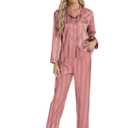 Satin Pajama Set – Christmas Red & Pink Striped PJs for Women & Men, Long Sleeve Button-Up Top with Pants, L