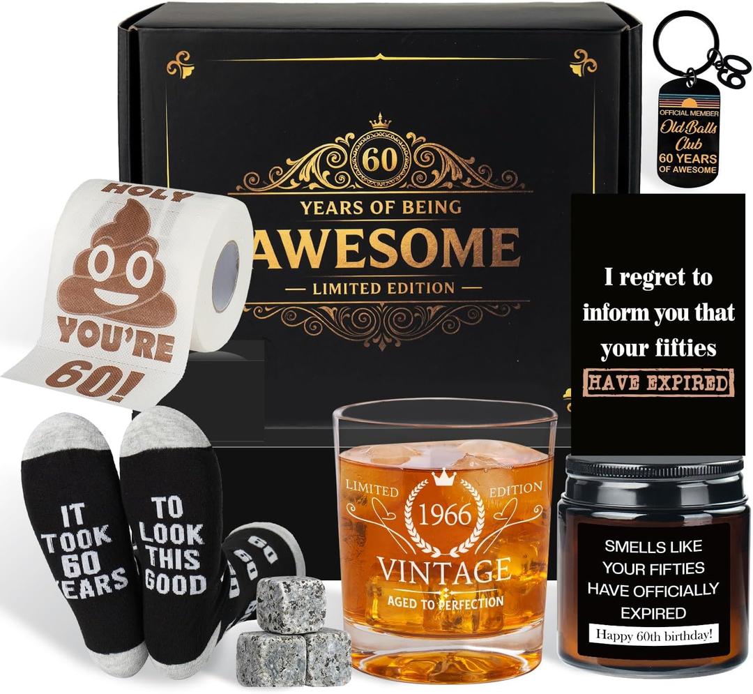 60th Birthday Gifts for Men, 6 Pcs Cool Birthday Gifts Ideas with Whiskey Glass with Frozen Stone, Funny Socks, Toilet Paper, Scented Candle, Keychain, Greeting Card for Him, Husband, Dad, Grandpa2026 (EXP 12/31/26)