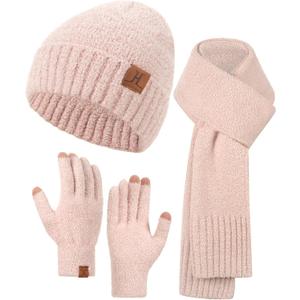 Hat Scarf And Gloves For Women, Winter Hats Womens Beanie Scarf Cold Weather Touchscreen Gloves Gift Set, Fall Accessories (Pink)