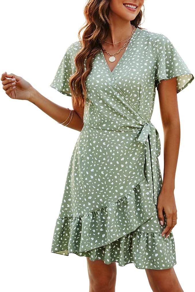 Naggoo Women's Summer Wrap Dresses V Neck Polka Dot Print Ruffle Short Sleeve Mini Floral Boho Dress with Belt (08 Sage Green Dot Beige)