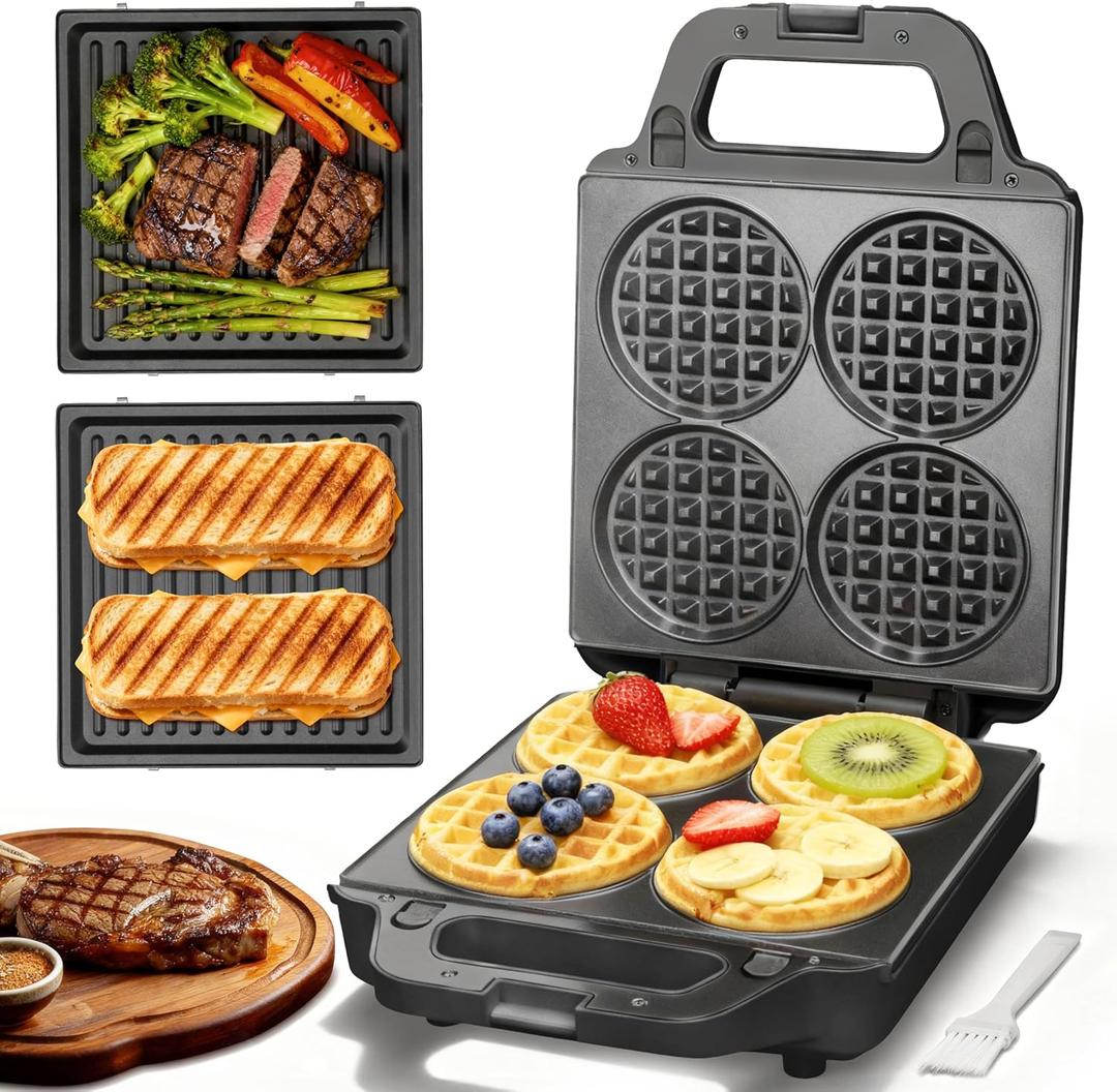 SugarWhisk 2 in 1 Mini Waffle Maker with Removable Plates, Panini Press Sandwich Maker, Sandwich Press, Waflera Electrica, Sandwichera Electrica, 4 X 4 Inch Classic Waffle Maker for Kids, Graphite