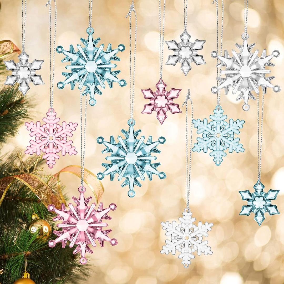45 Pcs Christmas Acrylic Snowflake Ornaments 3 Styles Pink and Blue Frozen Crystal Christmas Tree Decoration Clear Plastic Xmas Tree Pendant for Winter Snow Theme DIY Decorations