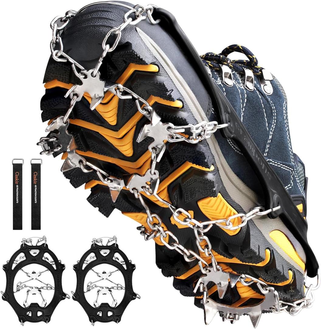 Cimkiz Crampons Ice Cleats Traction Snow Grips for Boots Shoes Women Men Anti Slip 19 Stainless Steel Spikes Safe Protect for Hiking Fishing Walking Climbing Mountaineering (Large, Black)
