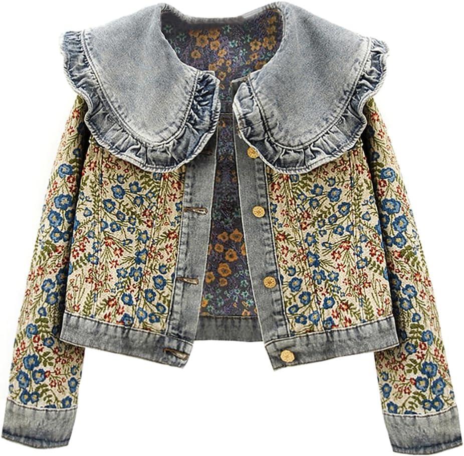 Womens Sweet Peter Pan Collar Long Sleeve Jacquard Denim Jacket (Medium, Blue)