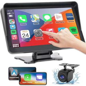 Wireless Apple Carplay Screen for Car,7" HD Portable Car Stereo Touchscreen with Apple CarPlay and Android Auto with Mirror Link/Backup Camera/Bluetooth/GPS Navigation/AUX for All Vehicles