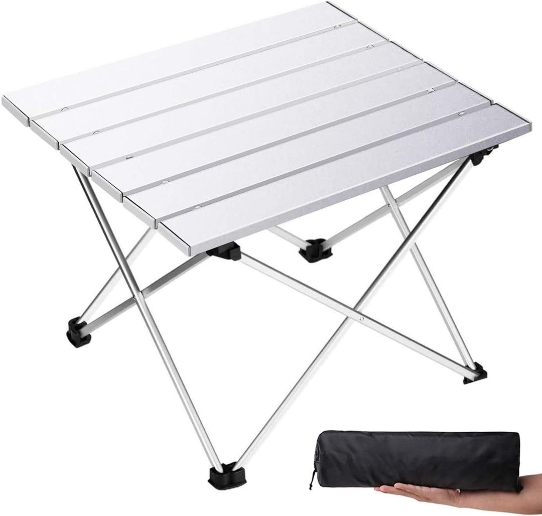 Grope Small Folding Camping Table with Aluminum Table Top, Beach Table for Sand with Carrying Bag,Prefect for Outdoor,Picnic,BBQ,Cooking,Festival (Silver)