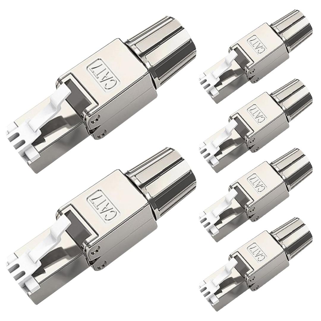 Cat7 Cat6A RJ45 Connector 6-Pack, Tool-Free Zinc Alloy Shielded Ethernet Termination Plugs for Cat7 up to 23AWG Solid Bulk S/FTP Ethernet Cable