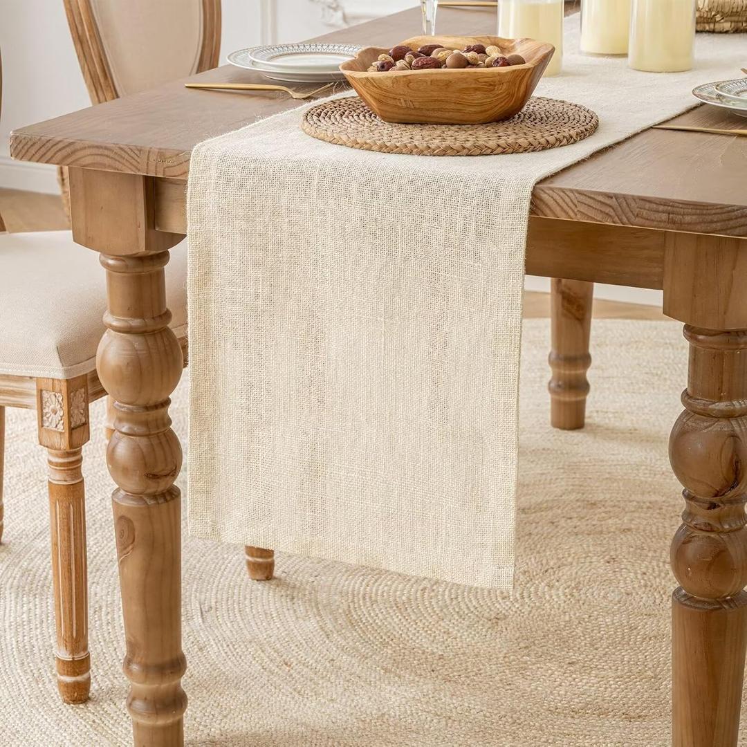 Shatex Burlap Farmhouse Table Runner 14x108 Inch, 100% Jute Soft Material, Perfect for Table Decor, Dailylife, Holiday, Wedding, Party, Off-White