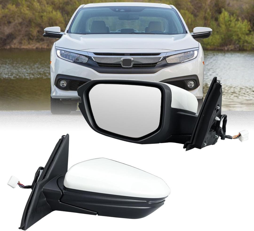 Left Driver Side Mirror For 2016 2017 2018 2019 2020 2021 Honda Civic Coupe Touring Mirror with Heated Turn Signal Manual Folding Replace 76258-TBA-A21ZA(White)7Pins