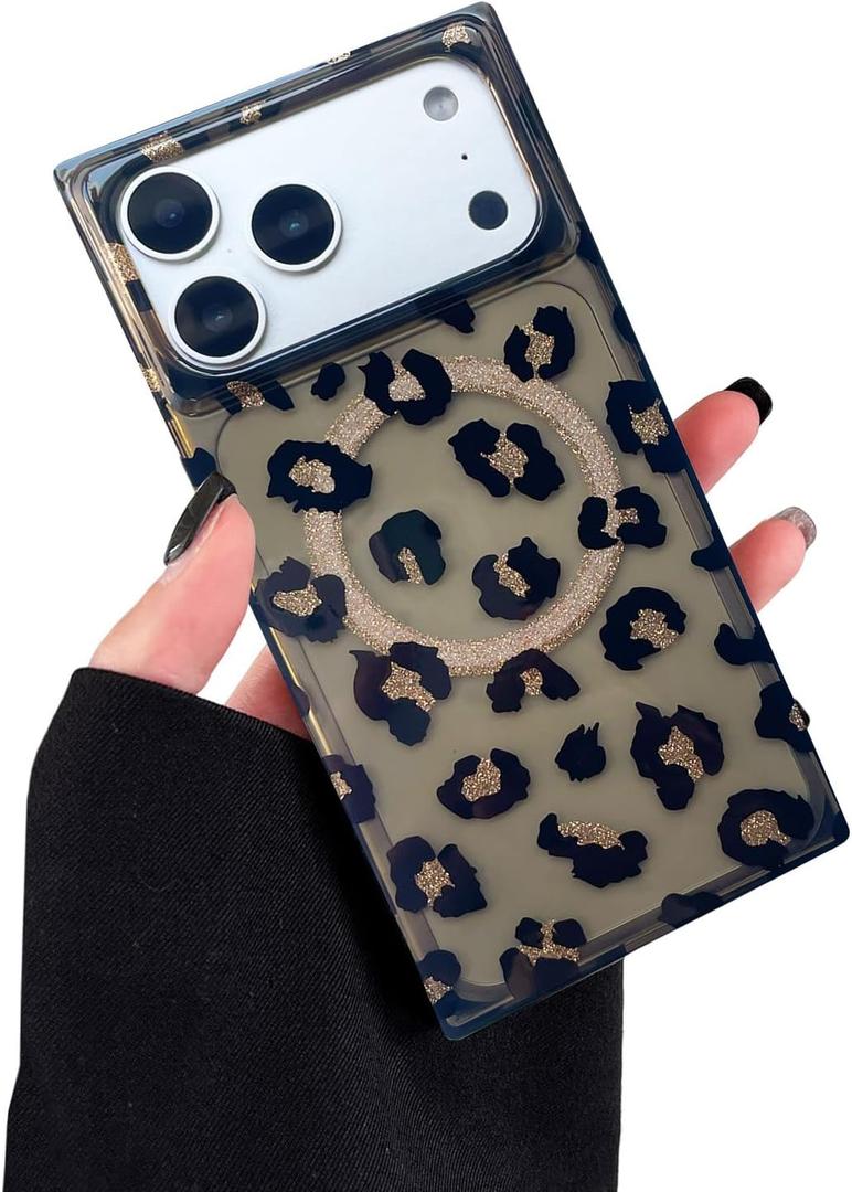 Magnetic Rectangle Black Gold Cheetah Print Case for iPhone 17 Pro Max 6.9in[Compatible with MagSafe],Glitter Bling Leopard Tortoise Retro Cool Girl Trendy Protective i17promax 6.9" Cover