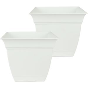 The HC Companies Eclipse Square Plastic Planter w/Attached Saucer - Outdoor & Indoor Plant Pot with Drainage Holes - Lightweight, UV-Resistant Plastic Pots for Plants (12" White, Pack of 2)
