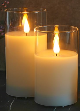 LEDHOLYT Rechargeable Flameless Glass Pillar Candles – Remote & Timer – Set of 2 White Stripes Realistic Flickering LED Light, Ideal for Living Room, Bedroom & Holiday Décor& Gifts for Women