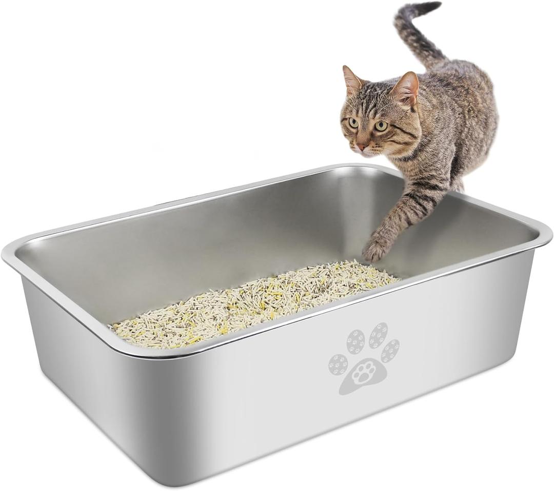 Stainless Steel Cat Litter Box High Side Cats Toilet Metal Kitten Litter Pan, Pet Cleaning Tool for Big and Small Cats, Rabbits, Splash-Proof and Non-Stick Cat Poop Box odorless 19.7"x13.8"x5.9" (M-19.7"x13.8"x5.9")