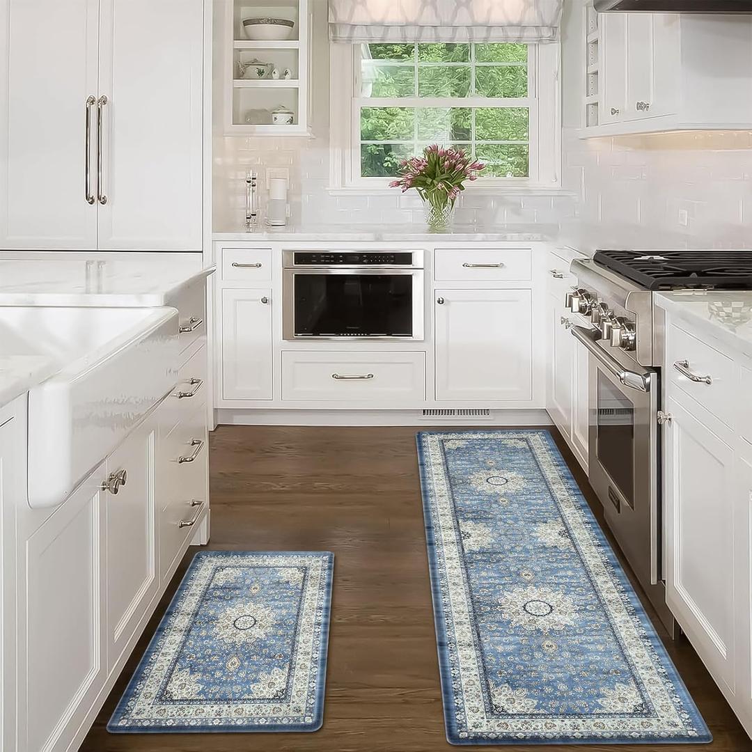 Collive Boho Kitchen Mat, Cushioned Anti Fatigue Kitchen Rug Set 2 Piece Non-Skid Waterproof Kitchen Mats for Floor, Comfort Heavy Duty Standing Mat for Kitchen, Laundry, Office, Desk(Blue) (17.3"x59"+17.3"x30"--0.47 inches)