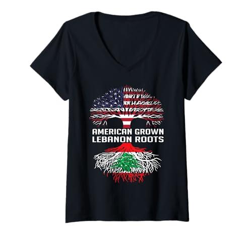 Womens American Grown Lebanon Roots Flag Lebanese Proud Lebanese V-Neck T-Shirt, Size XL