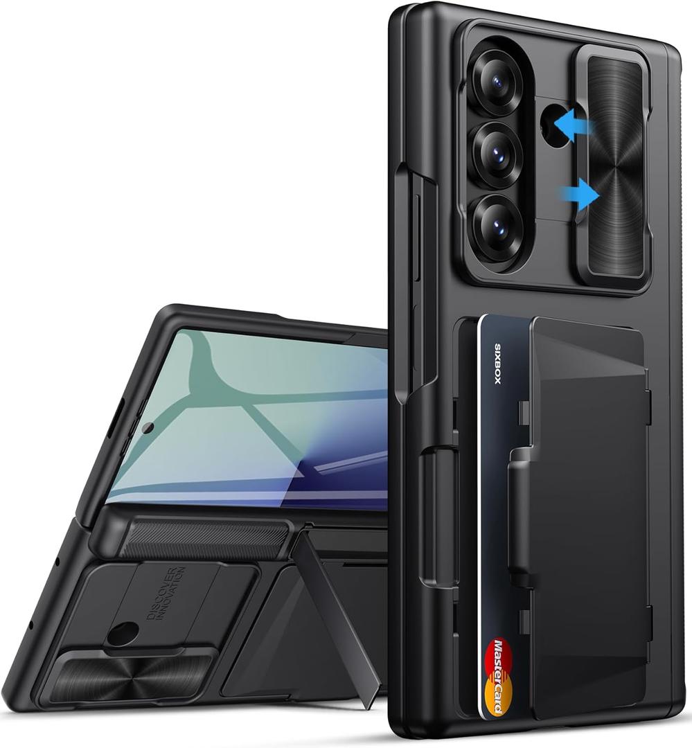 for Samsung Galaxy Z Fold 7 Case with Card Holder, Built-in & Stand & Screen Protector & Hinge Protection & Slide Camera Cover, Rugged Wallet Protective Phone Cover for Z Fold 7 2025, Black