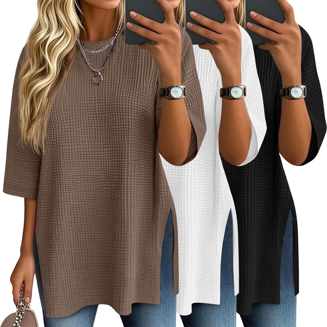 3 Pack Women's 3/4 Sleeve Waffle Knit Tops Oversized Crewneck T-Shirts Loose Casual Blouses Side Split Tees (Medium, Black, White, Khaki)