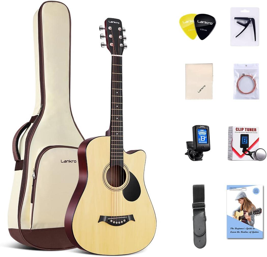 38 in Guitar Acoustic Guitar Beginner kit Adult Cutaway Acoustic Guitar Guitarras Starter Set Bundle with Padded Gig Bag, Strap, Capo, Strings, Picks (natural)