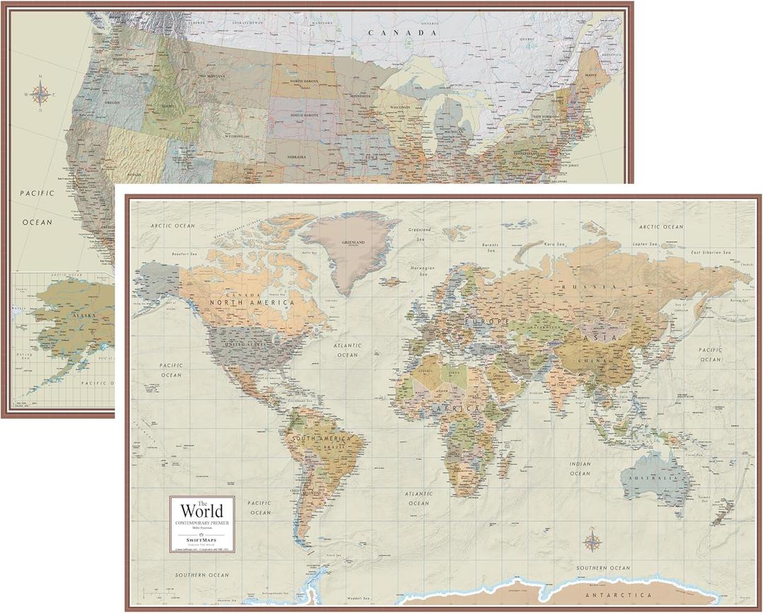 Swiftmaps World and USA Contemporary Premier 3D Two Wall Map Set (24x36 Laminated)