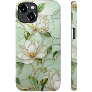 for iPhone 15 Case Cute - Wireless Charging Compatible - Dual-Layer Hard Shell + Silicone Cover - Aesthetic Protective Phone Case for Women - Vintage Magnolia Flowers